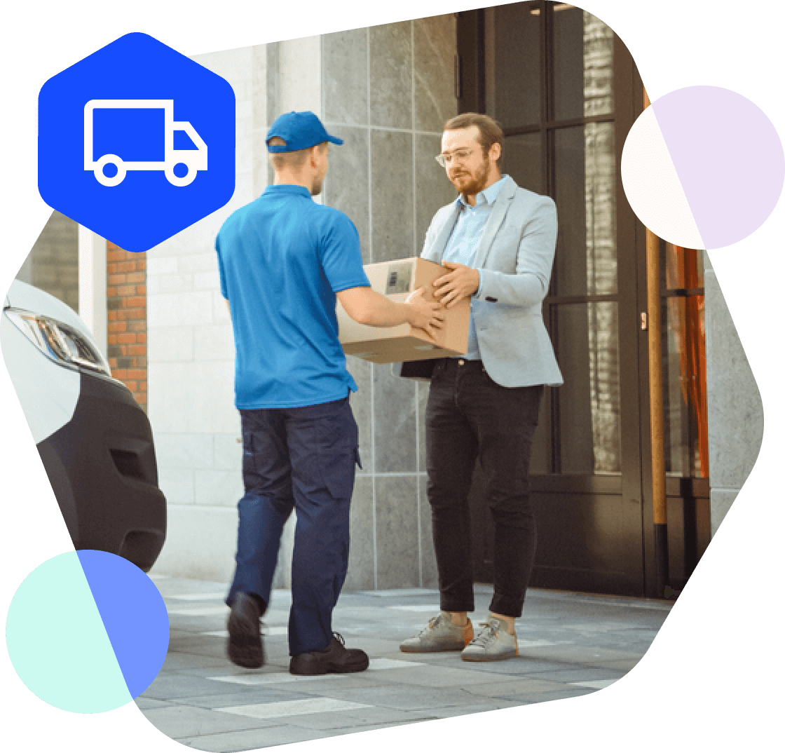Customer and shipping carrier holding a package