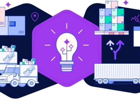 A graphic with packages, delivery vehicles, and a lightbulb in the center.
