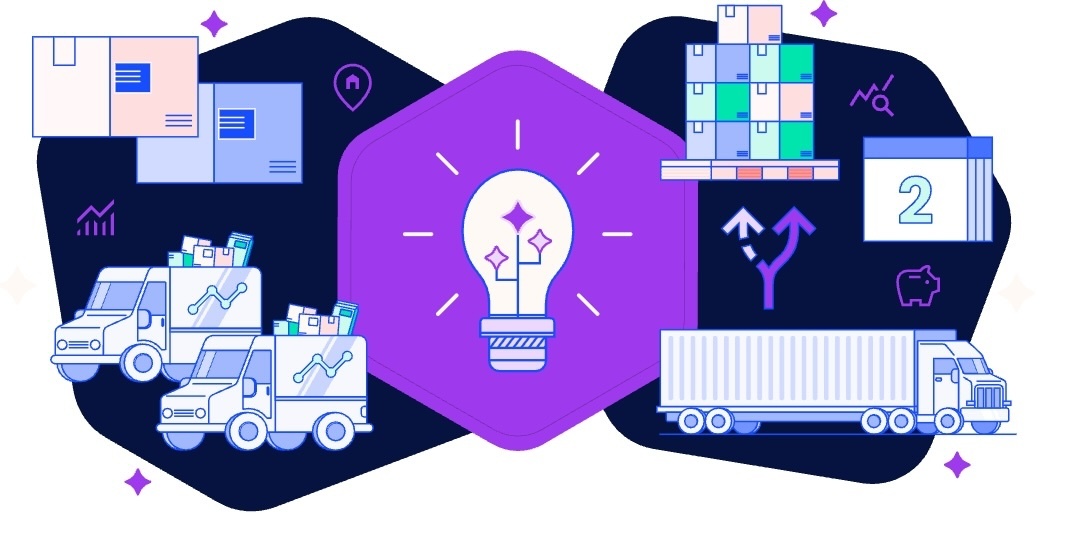 A graphic with packages, delivery vehicles, and a lightbulb in the center.