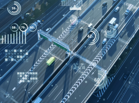 Modern highway aerial view with various charts