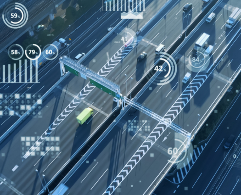 Modern highway aerial view with various charts