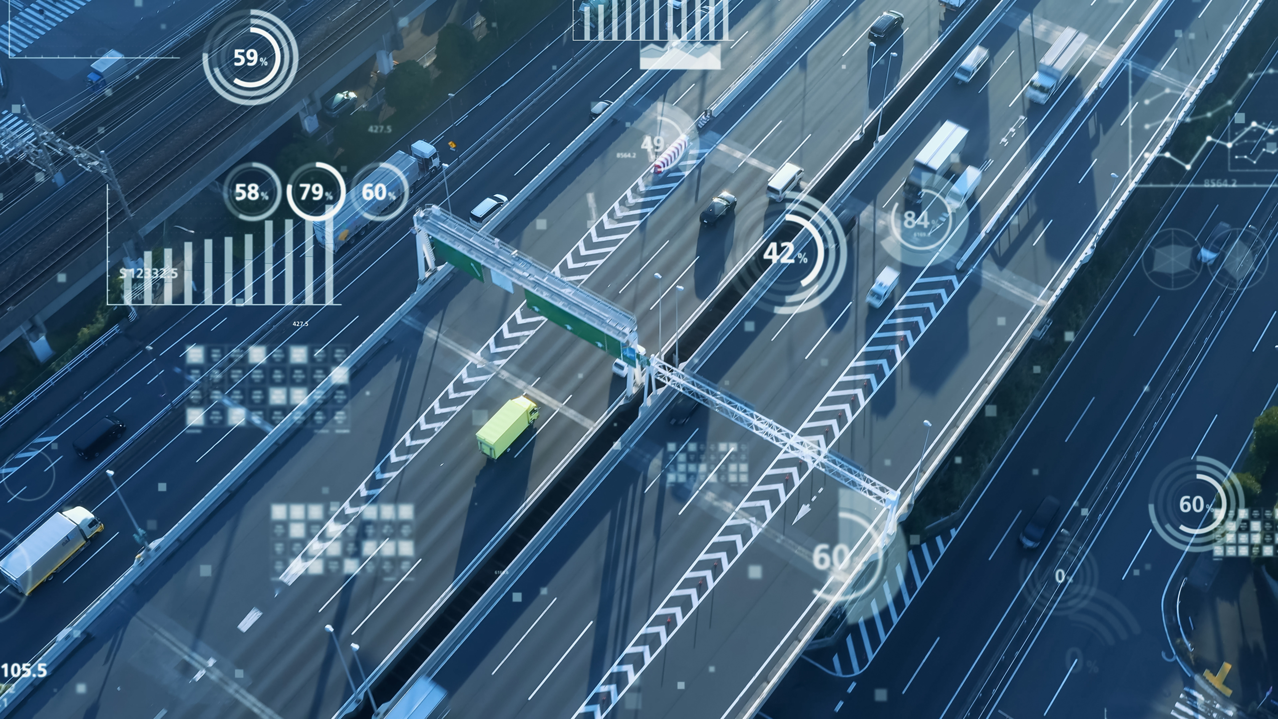 Modern highway aerial view with various charts