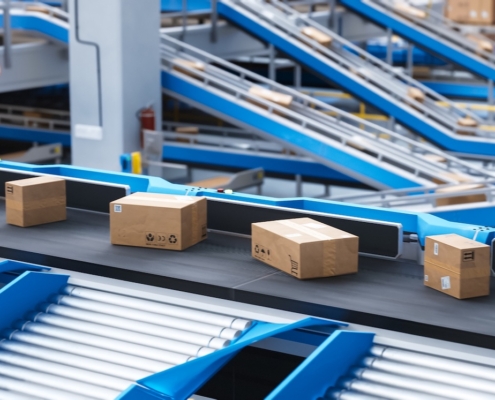 Boxes on a conveyor belt.