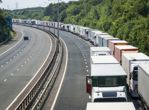 Trucks backed up on a highway