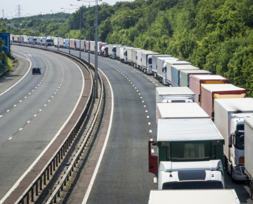 Trucks backed up on a highway