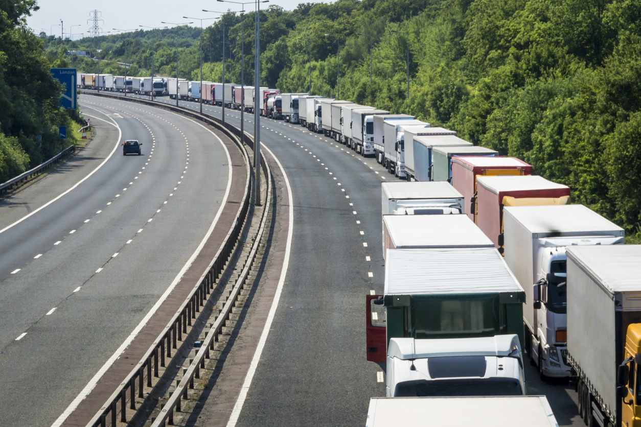 Trucks backed up on a highway