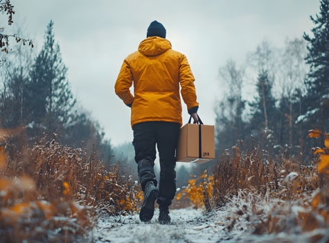 Man in yellow coat carrying a parcel on a path