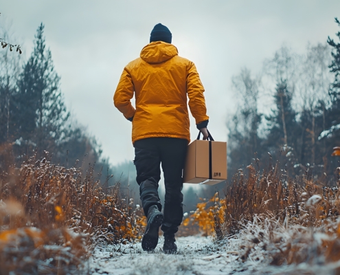 Man in yellow coat carrying a parcel on a path