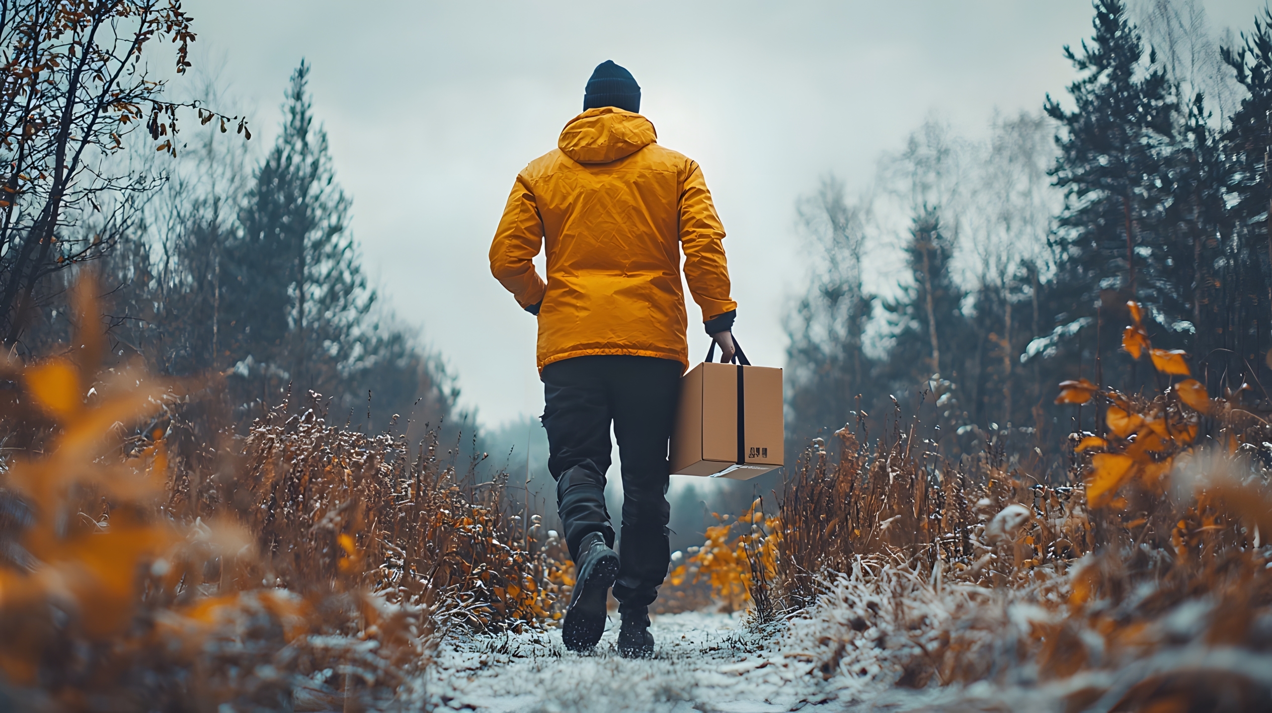 Man in yellow coat carrying a parcel on a path