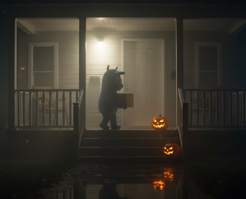 child in costume delivering a package on Halloween