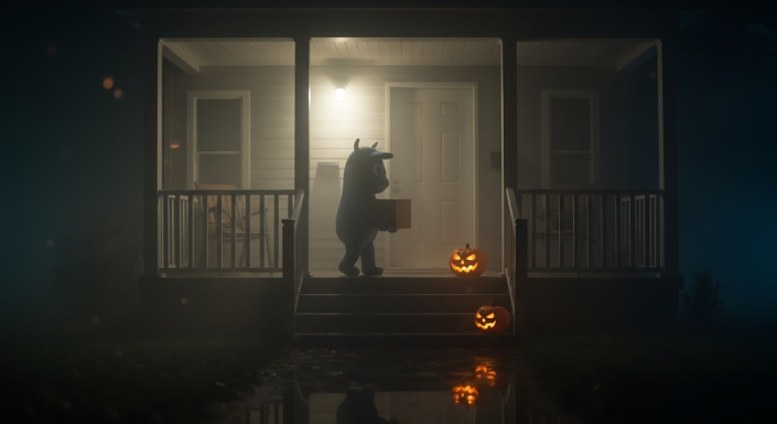 child in costume delivering a package on Halloween