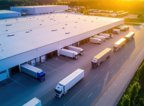 trucks at a distribution center aerial view