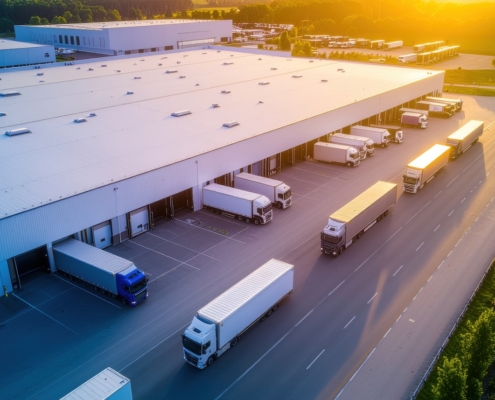 trucks at a distribution center aerial view