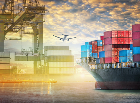 Container cargo ship and cargo plane with port crane bridge in harbor