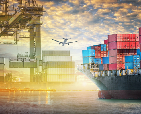 Container cargo ship and cargo plane with port crane bridge in harbor