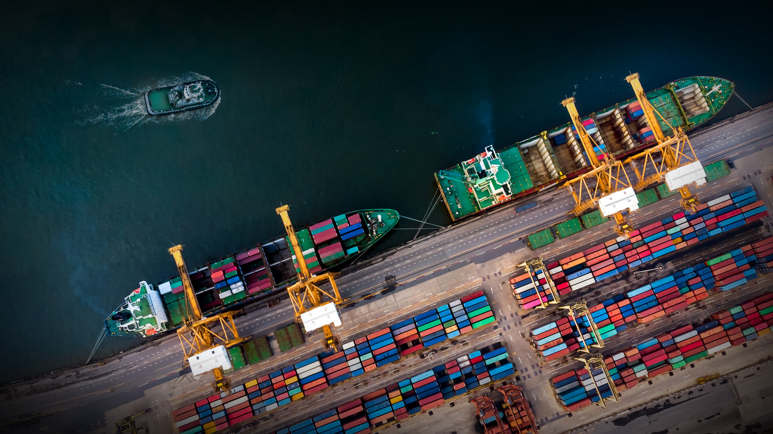 Cargo ship with crane bridge in shipyard.